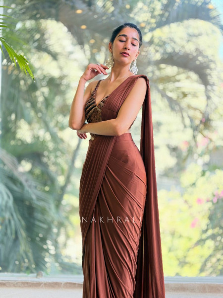 Riona Brown Sequin Drape Saree with Cut Dana Blouse
