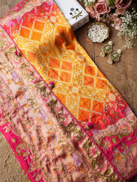 Heritage Bloom Mustard Gaji Silk Saree With Bandhani, Marodi & Gota Work