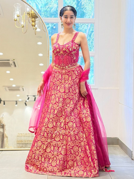 Gul-Shan Magenta Banarasi Brocade Corset Lehenga with Cut Dana Work