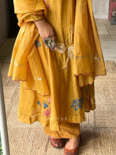 Sanvi Mustard Mulmul A-Line Kurta with Embroidery