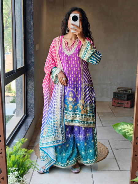 Zenvira Multicolor Printed Kurta Palazzo Set with Mirror Neck Detail