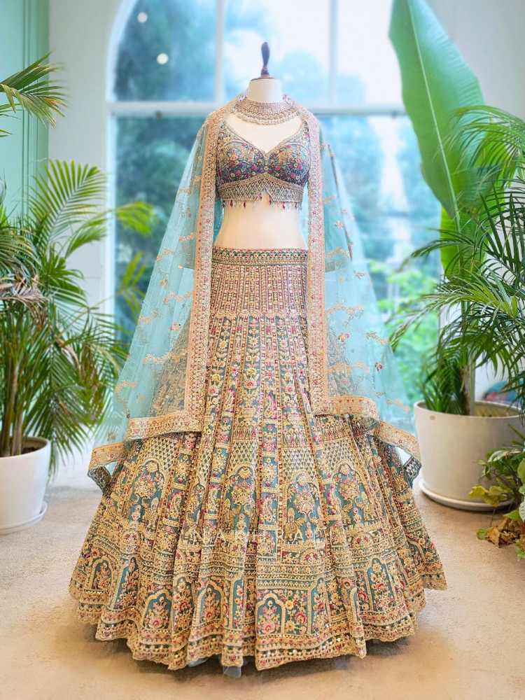 Image of Aurelia Sky Blue Net Lehenga with Zari &amp; Sequin Embroidery