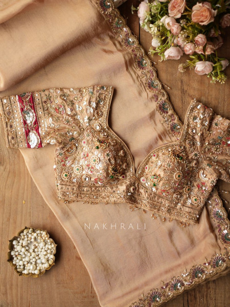 Riyasati Beige Satin Crepe Saree