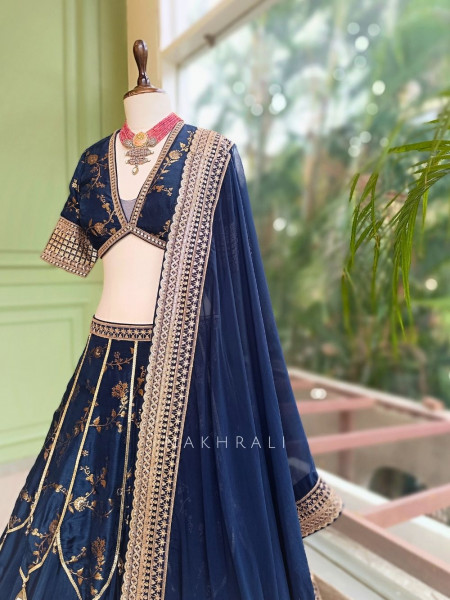 Orvian Navy Blue Lehenga Set with Floral Weave Sequin Border Work