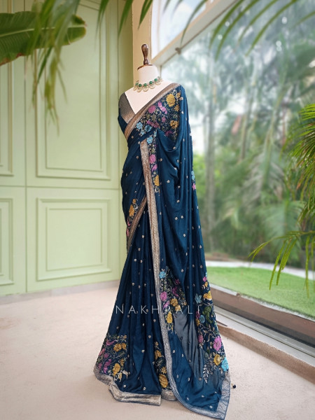 Gul-e-Rangat Blue Viscose Georgette Saree With Kashmiri Aari Floral Embroidery