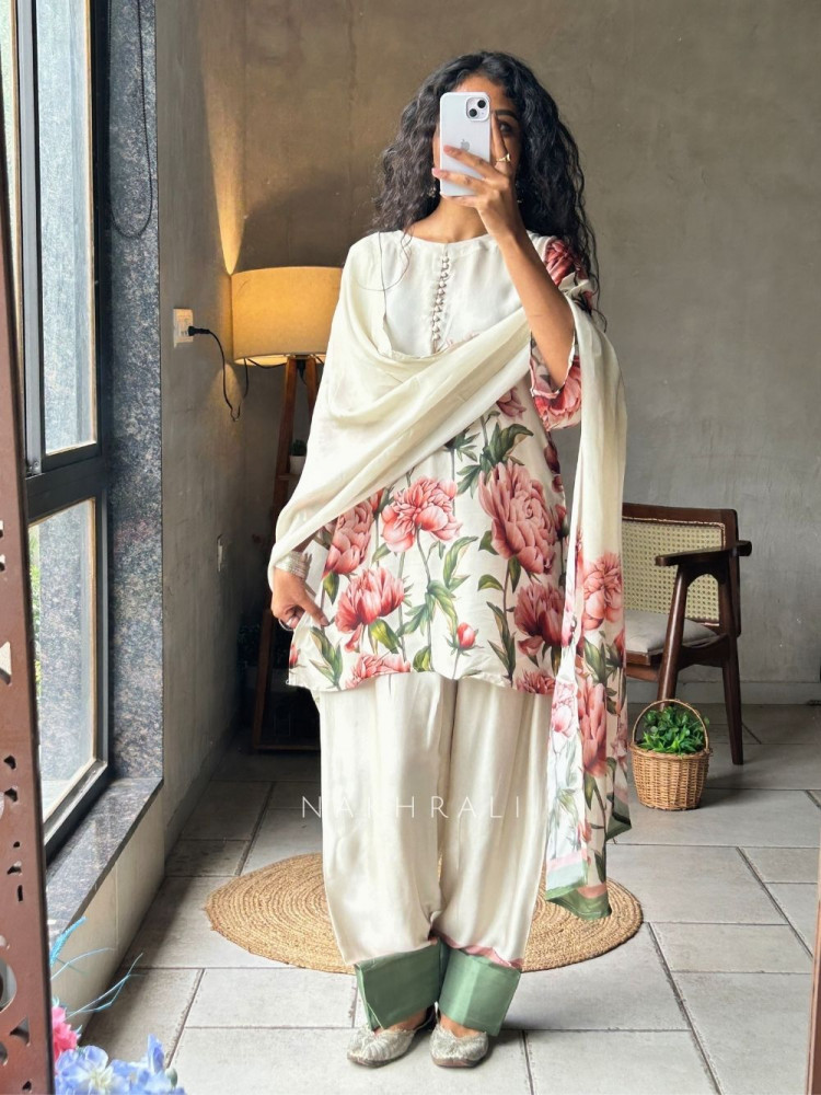 Image of Elysian Cream Satin Farsi Suit Set With Floral Print