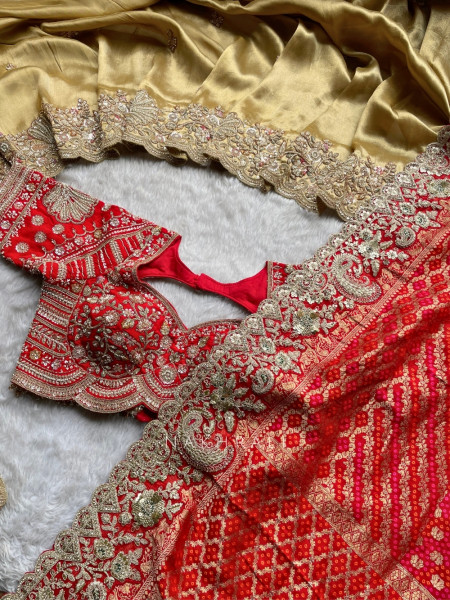 Celestial Golden Satin Silk Saree With Red Embroidered Dupatta