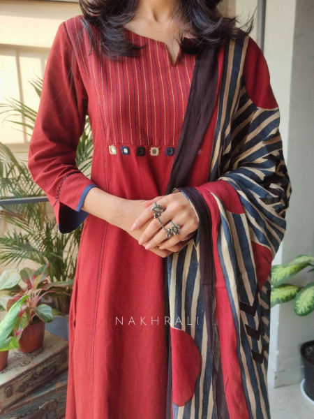 Kaira Maroon Cotton Suit Set with Printed Dupatta
