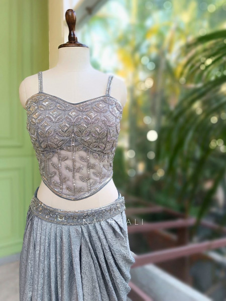 Naya Grey Indo-Western Crop Top Skirt Set with Cut Dana Sequin Work