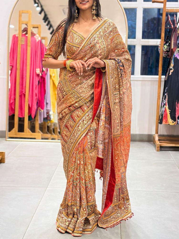Image of Virel Rust Designer Saree with Bead Stone Embbroidered Blouse