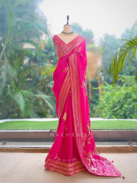 Vionika Plum Magenta Chiffon-Crepe Saree With Chevron Zari Border & Floral Embroidery