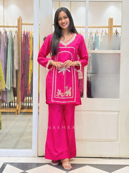Rivka Magenta Silk Kurta Pant Set with Embroidery Tassel Work