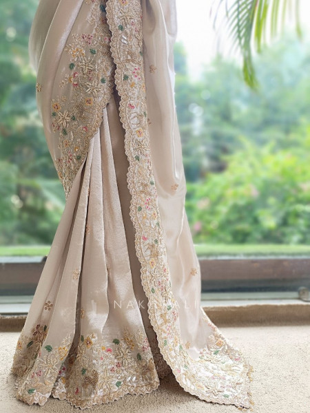 Mrigpushp Ivory Tissue Satin Designer Saree with Readymade Blouse