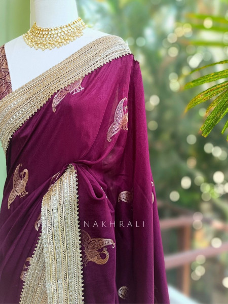 Tavira Wine Saree with Broad Border and Unstitched Blouse Piece