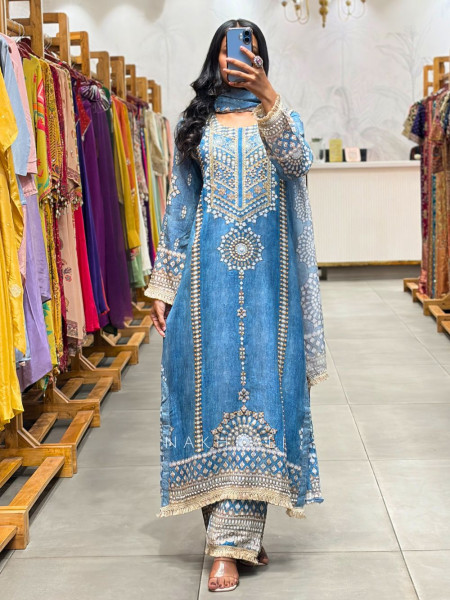 Kavira Blue Printed Suit Set with Embroidery, Beads & Stone Work