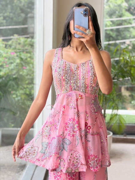 Rhythm Pink Georgette Indo-Western Palazzo Set