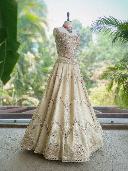 Darpan Pink Silk Corset Lehenga with Mirror Work