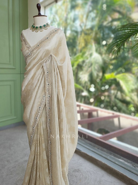 Pravika Cream Organza Silk Blend Saree with Scalloped Zardozi Border