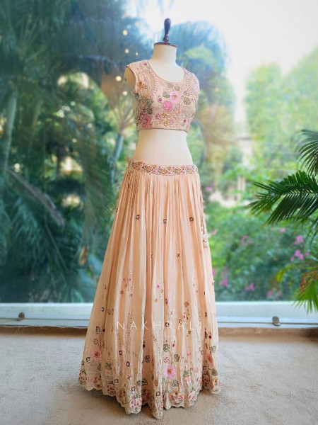 Ira Beige Embroidered Crop Top Skirt Set with Cape Dupatta