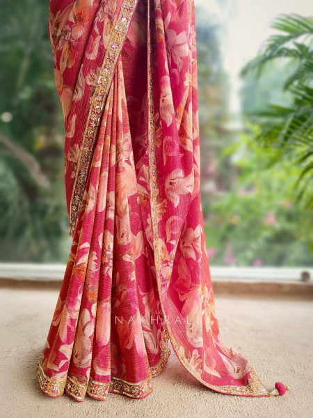 Avnita Red Floral Saree with Embellished Readymade Blouse