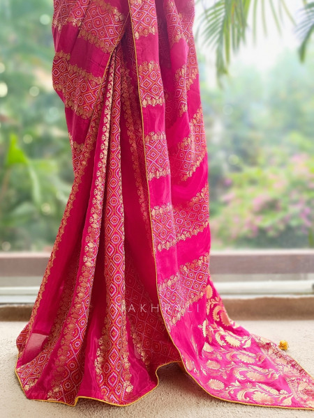 Pravahini Magenta Bandhani Saree with Sequin, Cut Dana & Mirror Work Readymade Blouse