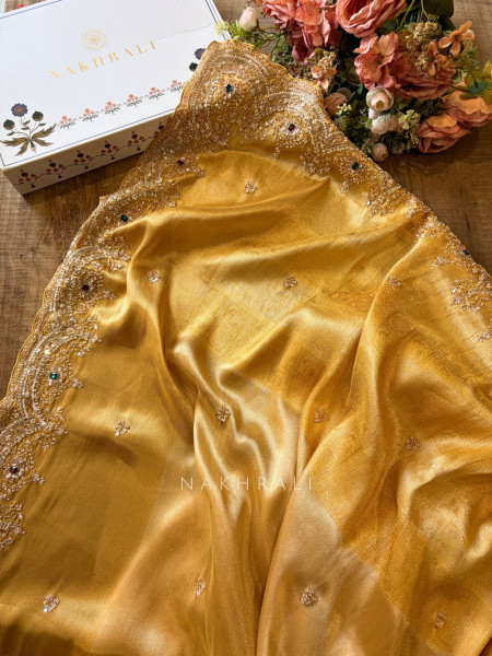 Mirev Gold Zari Weaved Saree with Beads Sequin Embroidery