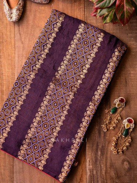 Pravahini Purple Bandhani Saree with Sequin, Cut Dana & Mirror Work Readymade Blouse