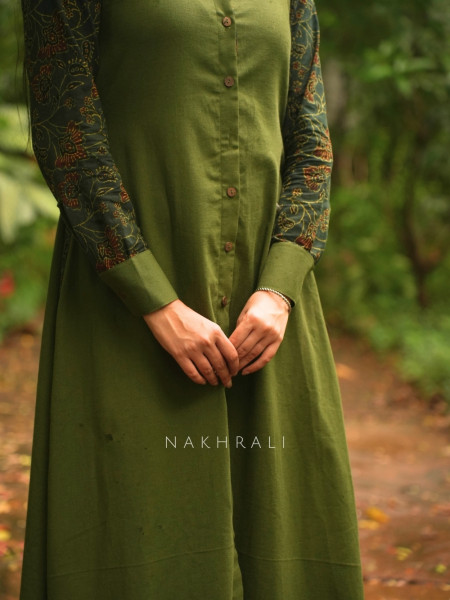 Sahir Green Cotton Button-Down Dress