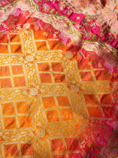 Heritage Bloom Mustard Gaji Silk Saree With Bandhani, Marodi & Gota Work