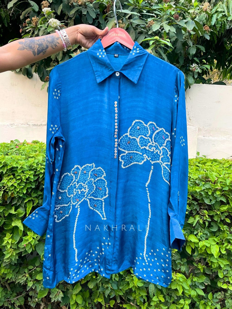Image of Rangva Blue Printed Shirt with Floral Motif