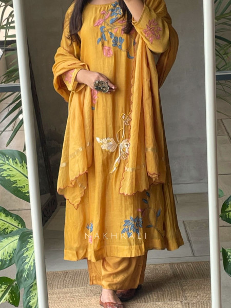 Sanvi Mustard Mulmul A-Line Kurta with Embroidery