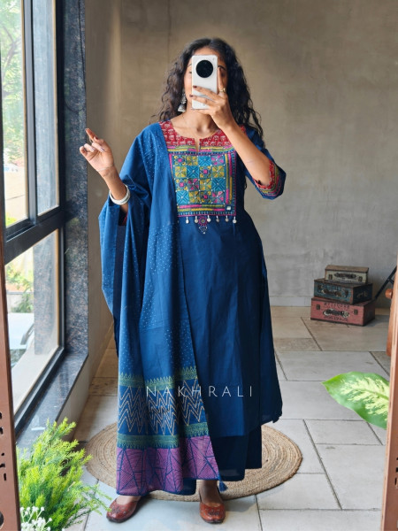 Zerith Solid Navy Blue Kurta Pant Set with Phulkari Embroidered Yoke