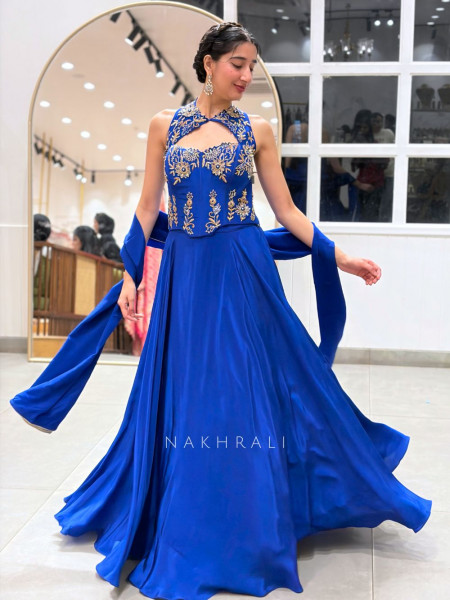 Scarlet Blue Raw Silk & Georgette Corset Lehenga Set