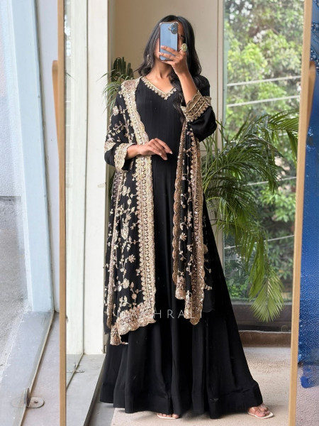 Inayat Onyx Black Premium Faux Georgette Anarkali Suit Set