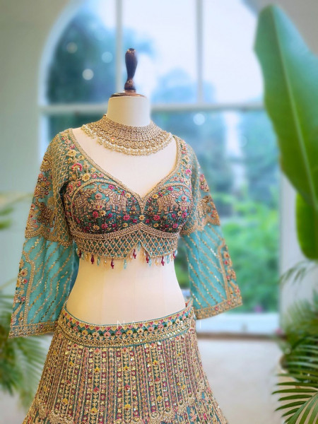 Aurelia Sky Blue Net Lehenga with Zari & Sequin Embroidery