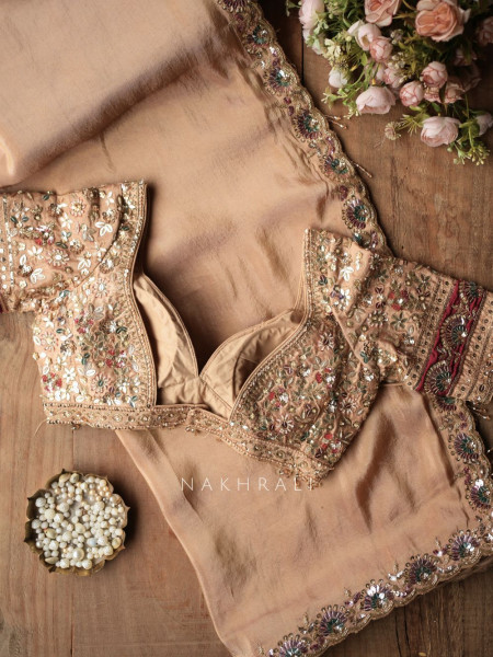Riyasati Beige Satin Crepe Saree