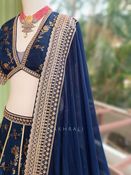 Orvian Navy Blue Lehenga Set with Floral Weave Sequin Border Work