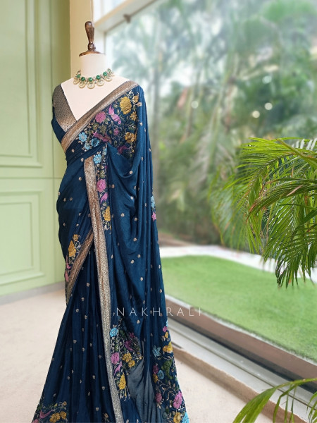 Gul-e-Rangat Blue Viscose Georgette Saree With Kashmiri Aari Floral Embroidery
