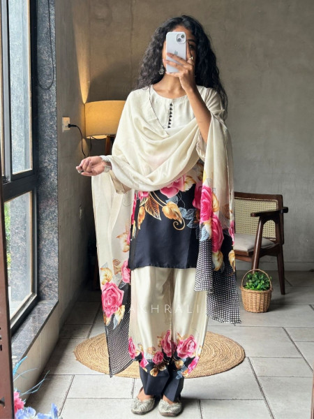 Nivelle Beige Satin Farsi Suit Set With Floral Print