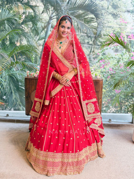 Saanvika Red Silk Bridal Lehenga with Zari Sequin Work