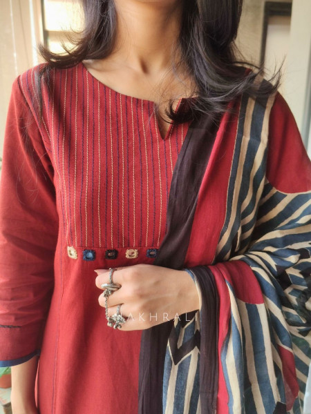 Kaira Maroon Cotton Suit Set with Printed Dupatta