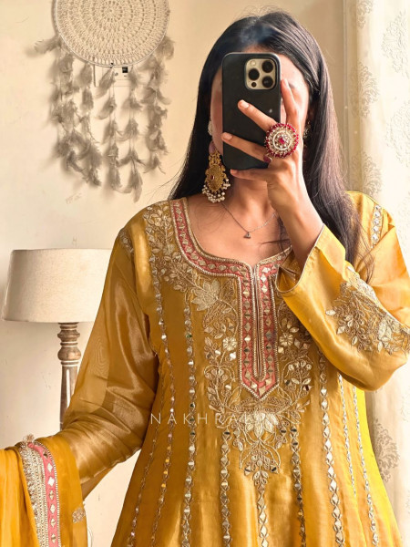 Aria Mustard Tissue Anarkali with Gota Patti & Zari Work