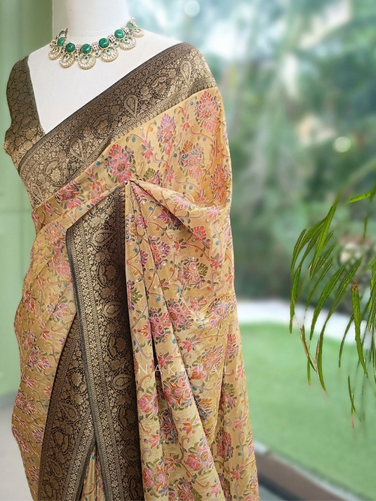 Image of Pushkalini Pista Green Banarasi Georgette Saree