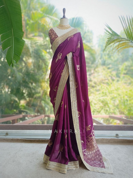 Tavira Wine Saree with Broad Border and Unstitched Blouse Piece