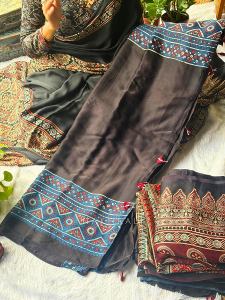 Kamali Blue  Modal Saree with Ajrak Border