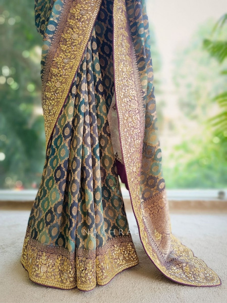 Royal Teal Silk Banarasi Saree with Zari Weaving