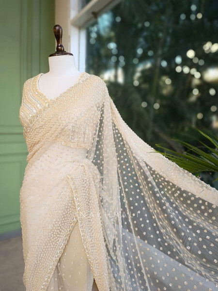 Chandelier Cream Net Saree with Sequin and Cut Dana Blouse