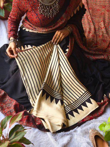 Mohini Cream Modal Stripe Printed Saree Collection