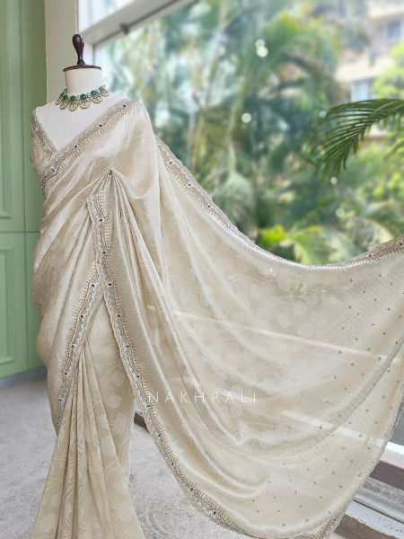 Pravika Cream Organza Silk Blend Saree with Scalloped Zardozi Border