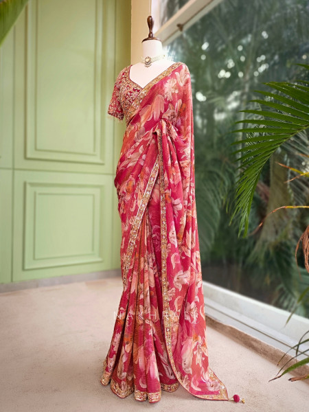 Avnita Red Floral Saree with Embellished Readymade Blouse